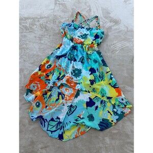 vibrant, floral-printed, high-low sundress spaghetti strap dress
